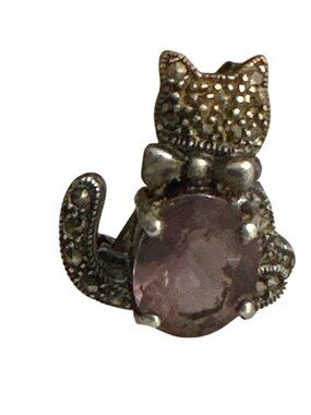 Cat-Shaped Marcasite & Purple Gemstone Pin Brooch For Women Vintage Style